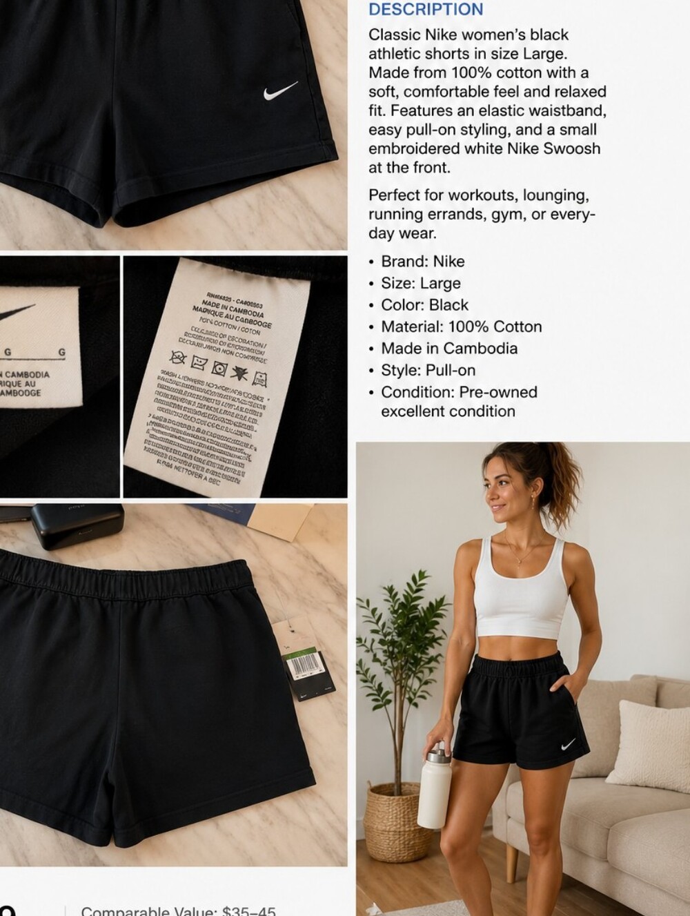 Nike Women’s Black Cotton Athletic Shorts Size L Embroidered Swoosh Elastic Wais